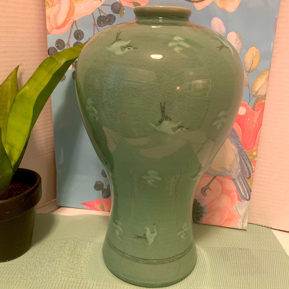 Korean Celadon Crane Ceramic Vase Signed